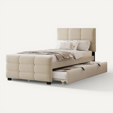 Lit Enfant 90x190 Cm Avec 1 Lit Gigogne 90x190 Cm, Tête De Lit à Boutons, Velours, Beige Lit Enfant 90x190 Cm Avec 1 Lit Gigogne 90x190 Cm, Tête De Lit à Boutons, Velours, Beige