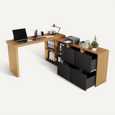 Bureau d'angle avec rangements gain de place noir et façon hêtre