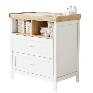 Commode à Langer Bébé évolutive 82x50x90cm, Avec 2 Tiroirs Et 2 Niches, MDF, Blanc Et Bois
