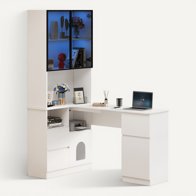 Bureau D’angle Avec Vitrine LED, 3 Tiroirs, 4 Portes, Niches Ouvertes, Compartiment Animal, Blanc Bureau D’angle Avec Vitrine LED, 3 Tiroirs, 4 Portes, Niches Ouvertes, Compartiment Animal, Blanc