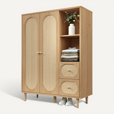 Armoire 120x44x161 Cm Style Campagne, Rotin, 2 Portes, 2 Tiroirs, 2 Niches, Bois Chêne Armoire 120x44x161 Cm Style Campagne, Rotin, 2 Portes, 2 Tiroirs, 2 Niches, Bois Chêne