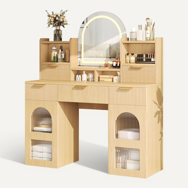 Coiffeuse Avec Miroir LED, 3 Tiroirs, 2 Vitrines, 120x40x139.5cm, En Mdf, Couleur Bois Coiffeuse Avec Miroir LED, 3 Tiroirs, 2 Vitrines, 120x40x139.5cm, En Mdf, Couleur Bois