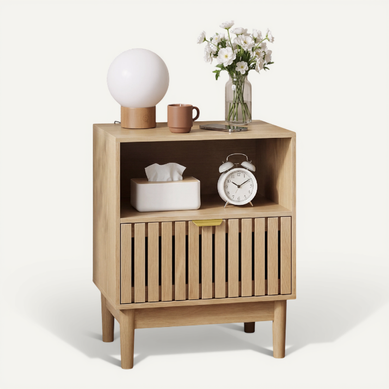 Table De Chevet 45x39x56,5 Cm 1 Tiroir, Design Lattes De Bois, Pieds En Bois Massif, En Mdf, Chêne