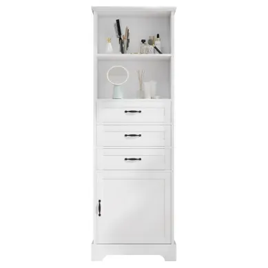 Colonne De Salle De Bain 56x25,6x167cm, 1 Porte + 3 Tiroirs + 2 Niches, Poignée Noire, Mdf, Blanc Colonne De Salle De Bain 56x25,6x167cm, 1 Porte + 3 Tiroirs + 2 Niches, Poignée Noire, Mdf, Blanc