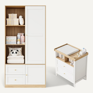 Ensemble Meuble Bébé : Armoire à Portes Coulissantes + Table à Langer, Blanc Et Bois Ensemble Meuble Bébé : Armoire à Portes Coulissantes + Table à Langer, Blanc Et Bois