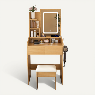 Coiffeuse Avec Miroir LED, 2 Tiroirs, Prise, Support Sèche-cheveux, Tabouret, 60x36x130cm, Bois