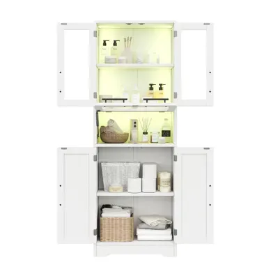 Colonne De Salle De Bain 60x30x170cm, Avec 5 Portes + étagères Réglables, LED, Mdf + Verre, Blanc Colonne De Salle De Bain 60x30x170cm, Avec 5 Portes + étagères Réglables, LED, Mdf + Verre, Blanc