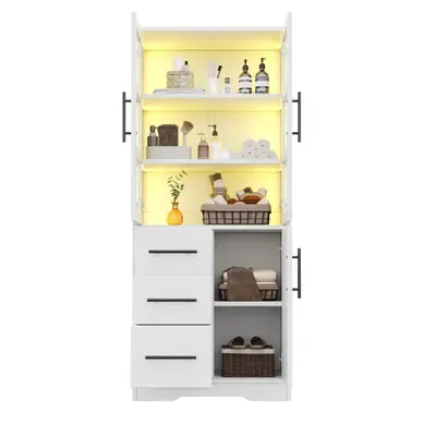 Colonne De Salle De Bain 72x35x170cm, Avec 3 Portes + 3 Tiroirs, LED, En Mdf + Verre, Blanc Colonne De Salle De Bain 72x35x170cm, Avec 3 Portes + 3 Tiroirs, LED, En Mdf + Verre, Blanc