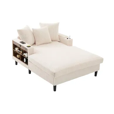 Méridienne 2 Places 129x170x70 Cm Avec Rangement, Poche Latérale, LED, USB, En Velours Côtelé, Beige