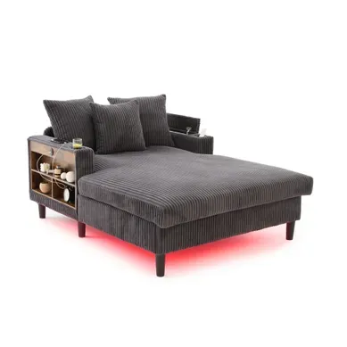 Méridienne 2 Places 129x170x70 Cm Avec Poche Latérale, LED, USB, En Velours Côtelé, Gris Foncé
