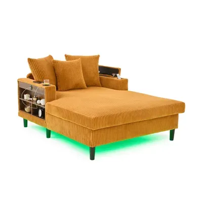 Méridienne 2 Places 129x170x70 Cm Avec Poche Latérale, LED, USB, En Velours Côtelé, Jaune Moutarde