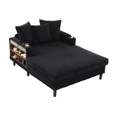 Méridienne 2 Places 129x170x70 Cm Avec Rangement, Poche Latérale, LED, USB, En Velours Côtelé, Noir