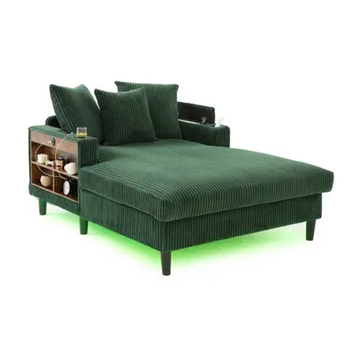 Méridienne 2 Places 129x170x70 Cm Avec Poche Latérale, LED, USB, En Velours Côtelé, Vert émeraude