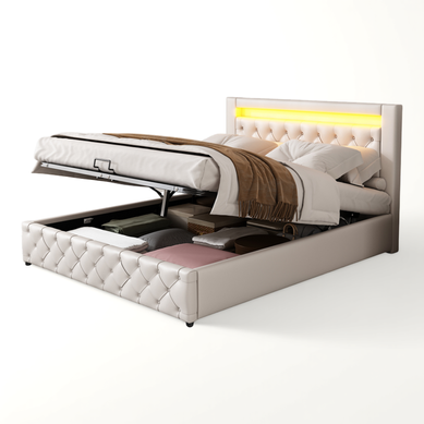 Ensemble Lit Coffre 140x200 Et Matelas Mousse, LED Et Sommier à Lattes, En Pu, Blanc