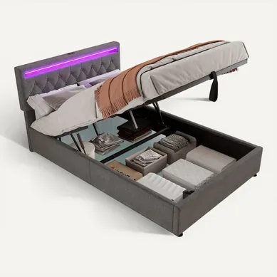 Ensemble Lit Coffre 140x200 Et Matelas Mousse, USB Et Type-c, LED, En Lin, Gris Ensemble Lit Coffre 140x200 Et Matelas Mousse, USB Et Type-c, LED, En Lin, Gris
