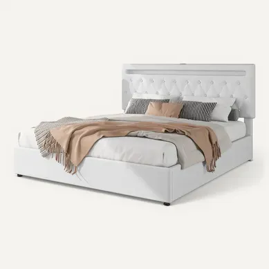 Ensemble Lit Coffre 180x200 Et Matelas Mousse, USB Et USB-c, LED, En Lin, Blanc