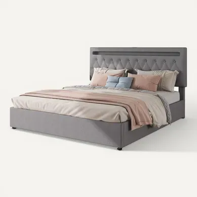 Ensemble Lit Coffre 180x200 Et Matelas Mousse, USB Et USB-c, LED, En Lin, Gris Ensemble Lit Coffre 180x200 Et Matelas Mousse, USB Et USB-c, LED, En Lin, Gris