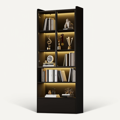 Vitrine Moderne 80x34x180cm Avec Lumières LED, 1 Tiroir, 2 Portes, 2 Niches, Mdf + Verre, Noir Vitrine Moderne 80x34x180cm Avec Lumières LED, 1 Tiroir, 2 Portes, 2 Niches, Mdf + Verre, Noir