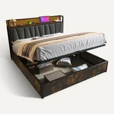 Ensemble Lit Coffre 160x200 Cm Et Matelas Mousse, Charge USB Et éclairage LED, Lin, Gris Ensemble Lit Coffre 160x200 Cm Et Matelas Mousse, Charge USB Et éclairage LED, Lin, Gris