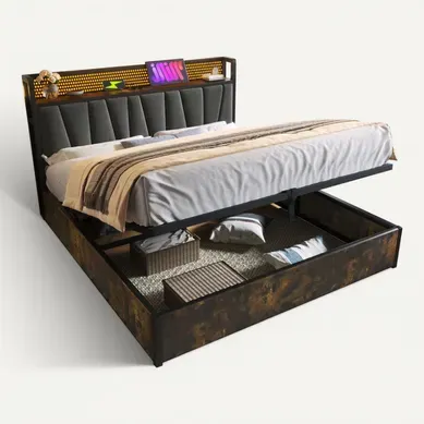 Ensemble Lit Coffre 180x200 Et Matelas Mousse, Fonction De Charge USB Et éclairage LED, Lin, Gris