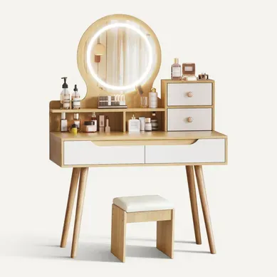 Coiffeuse Avec Miroir LED, 2 Tiroirs, 2 Portes, Tabouret, 80x40x137cm, En Mdf, Couleur Bois Coiffeuse Avec Miroir LED, 2 Tiroirs, 2 Portes, Tabouret, 80x40x137cm, En Mdf, Couleur Bois