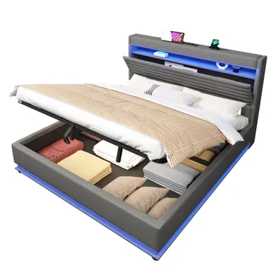 Ensemble Lit Coffre 180x200 Et Matelas Mousse, Avec Rangement, LED, Ports USB-c, Lin, Gris