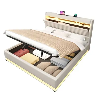 Ensemble Lit Coffre 180x200 Et Matelas Mousse, Avec Rangement, LED, Ports USB/-c, Lin, Beige