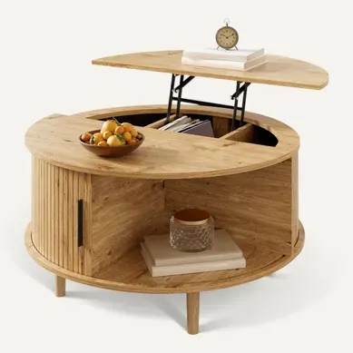 Table Basse Ronde 80x80x59cm Hauteur Réglable Avec Rangements, Porte Coulissante, En Mdf, Chêne Table Basse Ronde 80x80x59cm Hauteur Réglable Avec Rangements, Porte Coulissante, En Mdf, Chêne