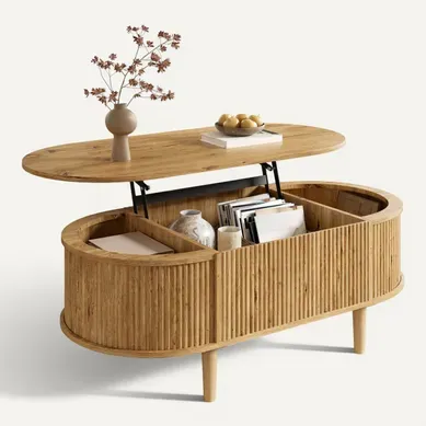 Table Basse Ovale 100x48x54.5cm Hauteur Réglable Avec Espace De Rangement Divisé, En Mdf, Chêne Table Basse Ovale 100x48x54.5cm Hauteur Réglable Avec Espace De Rangement Divisé, En Mdf, Chêne
