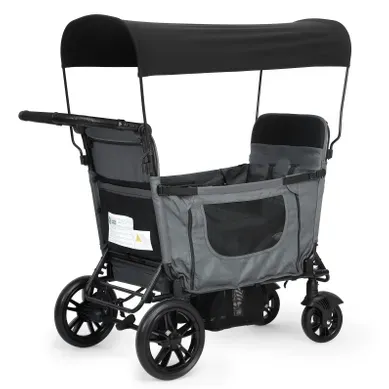 Poussette Pliable Pour 2 Enfants, Siège Convertible En Lit, Avec Auvent Et Plateau, Gris Foncé Poussette Pliable Pour 2 Enfants, Siège Convertible En Lit, Avec Auvent Et Plateau, Gris Foncé