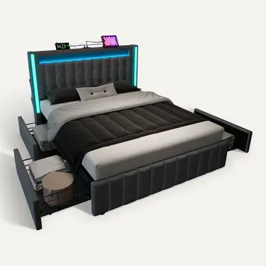 Ensemble Lit 140x200 Et Matelas Mousse, Tête De Lit Avec Chargement USB+type-c, 4 Tiroirs, Lin,gris Ensemble Lit 140x200 Et Matelas Mousse, Tête De Lit Avec Chargement USB+type-c, 4 Tiroirs, Lin,gris