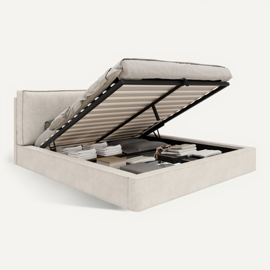 Lit Coffre Adulte 160x200cm Avec Rangement Hydraulique, Design Carré Simple, En Chenille, Beige Lit Coffre Adulte 160x200cm Avec Rangement Hydraulique, Design Carré Simple, En Chenille, Beige