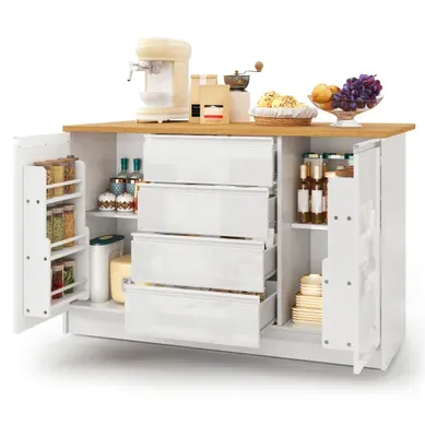 Îlot De Cuisine 140x80x90cm, Plan De Travail Extensible Aspect Bois, 4 Tiroirs, 2 Portes, Blanc