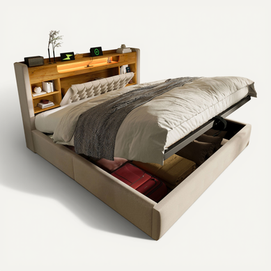 Lit Coffre Adulte 160x200cm Avec LED, Ports USB/usb-c, Tête De Lit Avec Rangement, En Lin, Beige