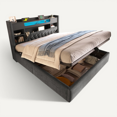 Lit Coffre Double 160x200cm Avec LED, Ports USB/type-c, Tête De Lit Avec Rangement, En Lin Gris Lit Coffre Double 160x200cm Avec LED, Ports USB/type-c, Tête De Lit Avec Rangement, En Lin Gris