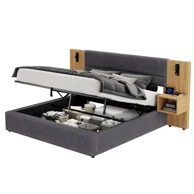 Ensemble Lit Coffre 180x200cm Et Matelas Mousse, Avec USB, 2 Tables De Chevet, Velours, Gris Ensemble Lit Coffre 180x200cm Et Matelas Mousse, Avec USB, 2 Tables De Chevet, Velours, Gris