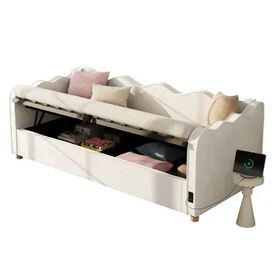 Lit Coffre Enfant 90x200 Cm Lit Simple Avec Rangement Hydraulique, USB, Velours, Beige