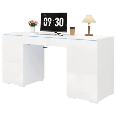 Bureau Rectangulaire 140x50x78 Cm Avec LED Et 1 Tiroir, 2 Portes, Panneaux De Particules, Blanc Bureau Rectangulaire 140x50x78 Cm Avec LED Et 1 Tiroir, 2 Portes, Panneaux De Particules, Blanc