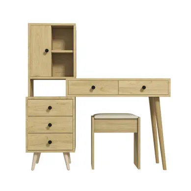 Coiffeuse 84x40x120 Cm Avec 5 Tiroirs, 1 Porte, Miroir, Tabouret Rembourré, Bois, Couleur Bois
