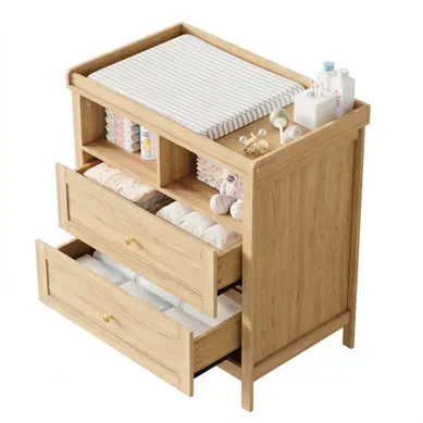 Commode À Langer Bébé évolutive 82x50x90cm, Avec 2 Tiroirs Et 2 Niches, Mdf, Naturel