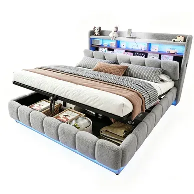 Lit Coffre Adulte 180x200 Cm Lit Double, Tête De Lit Avec Rangement, LED, USB, Tissu, Gris Lit Coffre Adulte 180x200 Cm Lit Double, Tête De Lit Avec Rangement, LED, USB, Tissu, Gris