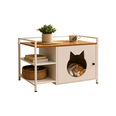 Armoire À Chat  76x54x59cm, Trou Tête De Chat, 2 étagères, Mdf + Métal, Blanc + Chêne Clair
