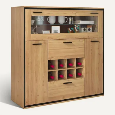 Buffet Bois Naturel Avec 3 Portes, Casiers à Vin, Étagère En Verre Et LED 16 Couleurs Buffet Bois Naturel Avec 3 Portes, Casiers à Vin, Étagère En Verre Et LED 16 Couleurs