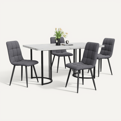 Ensemble Table à Manger + 4 Chaises En Lin, 5 Pièces, Plateau Effet Marbre Blanc, Pieds Métal Noirs Ensemble Table à Manger + 4 Chaises En Lin, 5 Pièces, Plateau Effet Marbre Blanc, Pieds Métal Noirs