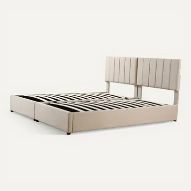 Lit Coffre 180x200 Cm Séparable En 2 Lits Simples Avec Rangement, Lin Beige, Sommier À Lattes