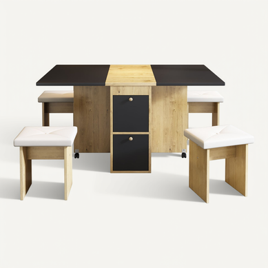 Table à Manger Pliante Et Extensible 120x80x75 Cm + 4 Chaises, Chêne Et Noir Table à Manger Pliante Et Extensible 120x80x75 Cm + 4 Chaises, Chêne Et Noir