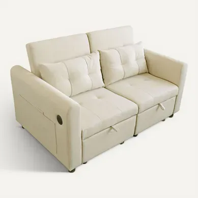 Canapé Convertible 2 Places 142x85x83 Cm, Convertible En L, Ports USB Et Poches, Coton-lin Beige Canapé Convertible 2 Places 142x85x83 Cm, Convertible En L, Ports USB Et Poches, Coton-lin Beige