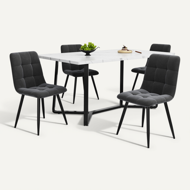 Set Repas 5 Pièces, Table à Manger + 4 Chaises Velours Gris — Effet Marbre Blanc, Pieds Métal Noir Set Repas 5 Pièces, Table à Manger + 4 Chaises Velours Gris — Effet Marbre Blanc, Pieds Métal Noir