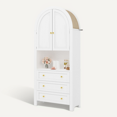 Buffet De Cuisine Haut 70x35x180 Cm Blanc Avec 3 Tiroirs Et 2 Portes, Pour Salon Et Cuisine