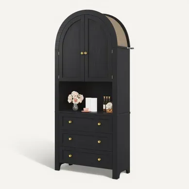 Buffet De Cuisine Haut 70x35x180 Cm Noir Avec 3 Tiroirs Et Portes Arquées